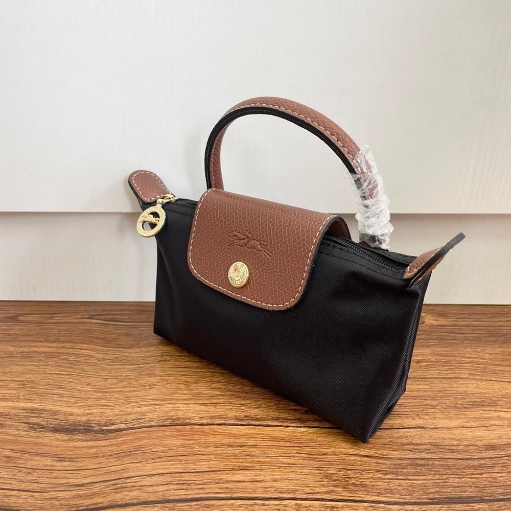 Longchamp Black Mini Top-Handle Bag with Brown Trim - Picture 3 of 10